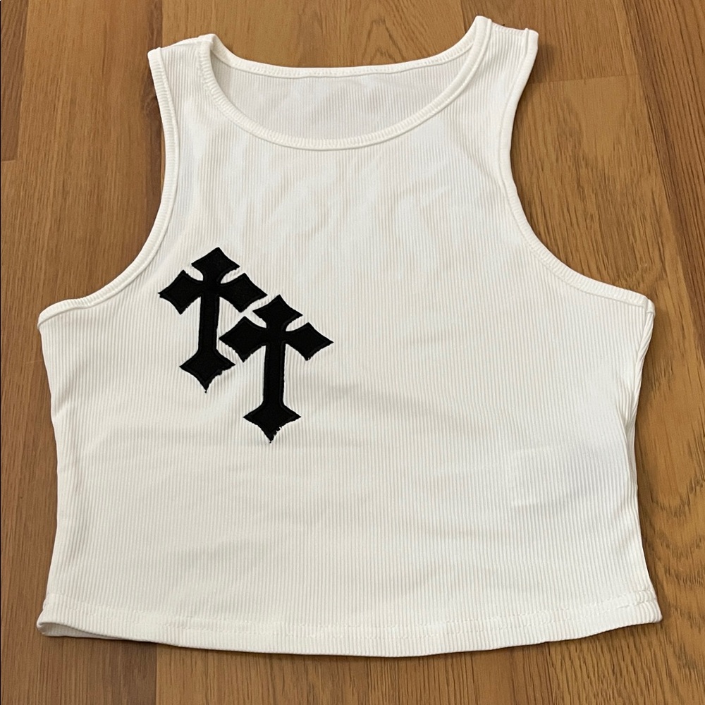 ROMWE White Ribbed Crop Tank with Black Gothic Graphic